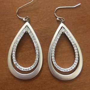 Silver two layer tear drop earrings with stones